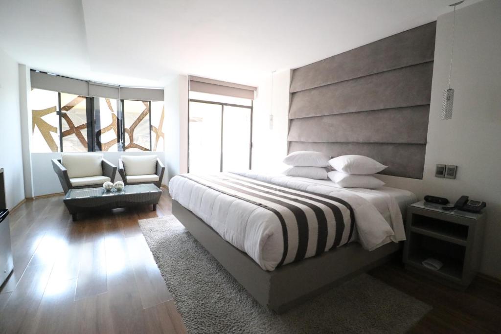 圖蘭辛戈的住宿－Hotel Posada Tulancingo，一间卧室配有一张大床和一把椅子