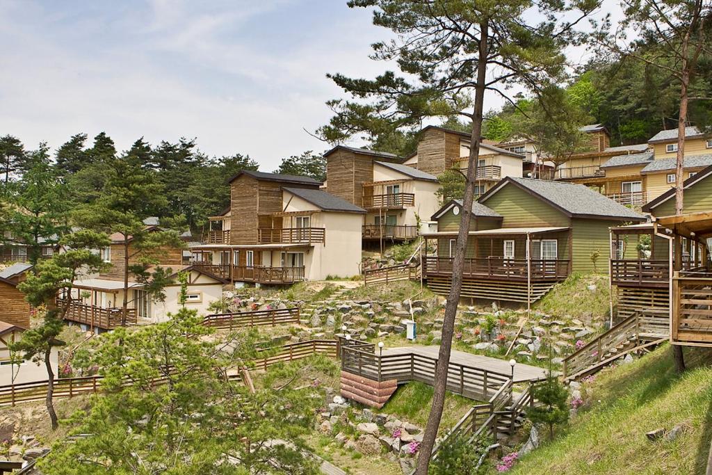 eine Gruppe von Häusern auf einem Hügel mit Bäumen in der Unterkunft Hyundai Soo Resort Hoengseong in Pyeongchang