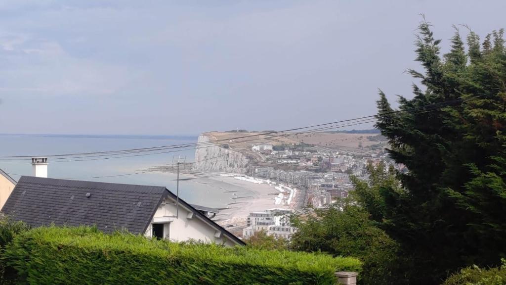 uma vista para a praia a partir de uma casa em Le Domaine des pins - Maison 2 Chambres vue mer em Le Tréport