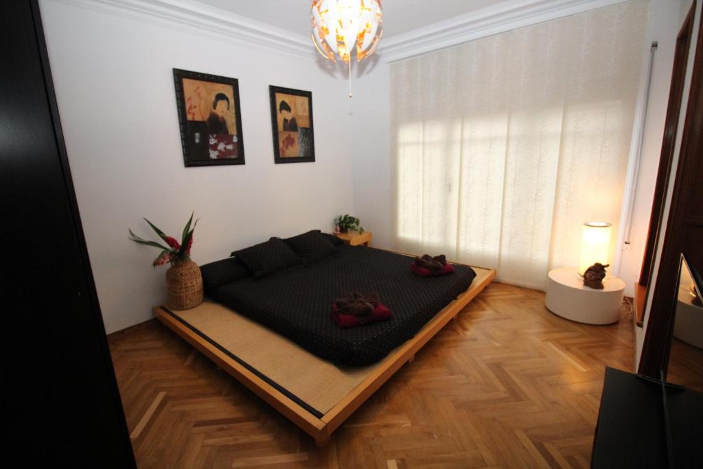 a bedroom with a large black bed in a room at Nuevo Balmes Habitaciones in Barcelona