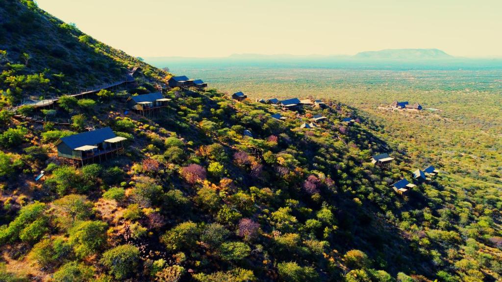 an aerial view of a house on a hill at TimBila Safari Lodge in Omaruru