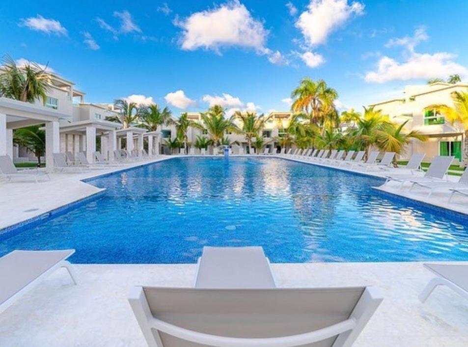 蓬塔卡纳Playa Palmera Beach Resort的棕榈树别墅内的游泳池