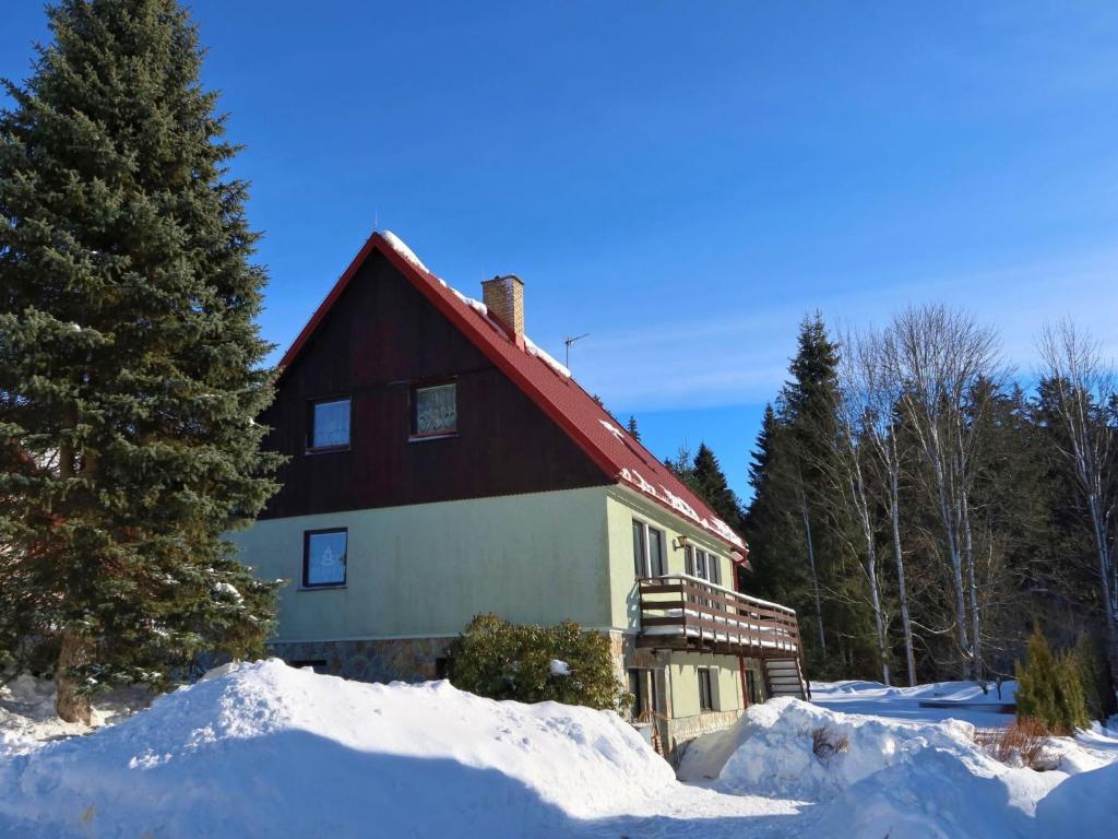 a house with a red roof in the snow at Apartment Harrachov 387 by Interhome in Harrachov