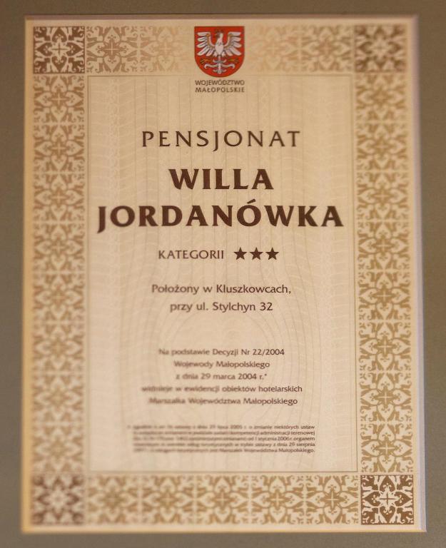 Certifikát, ocenenie alebo iný dokument vystavený v ubytovaní Willa Jordanówka