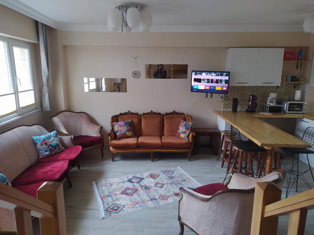 uma sala de estar com sofás, uma mesa e uma televisão em İstanbulda merkezi konum, müstakil bina em Istambul