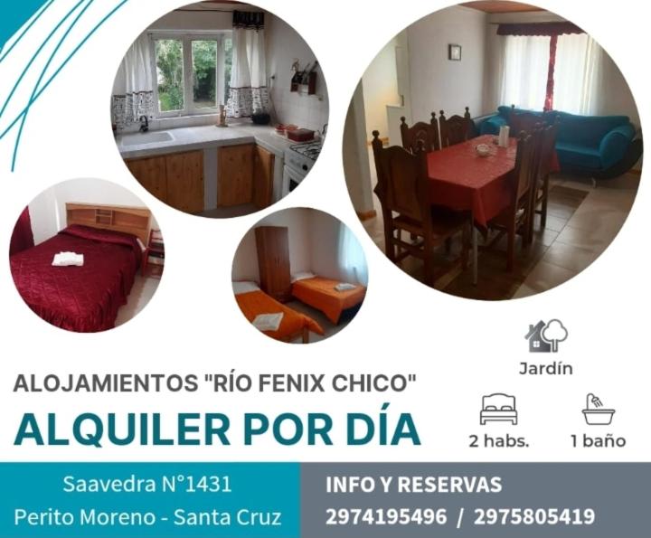 a collage of four pictures of a kitchen and a dining room at Alojamiento Río Fenix Chico in Perito Moreno