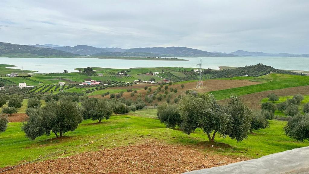 una vista aerea di un campo con alberi e acqua di La Belle Etoile a Ouazzane