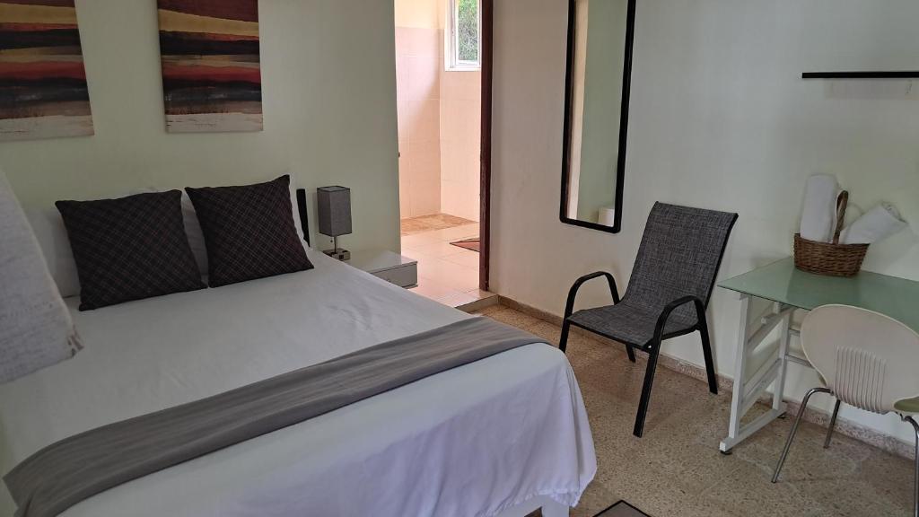 サントドミンゴにあるD9 Casa de Huespedesのベッドルーム1室(ベッド1台、テーブル、椅子付)