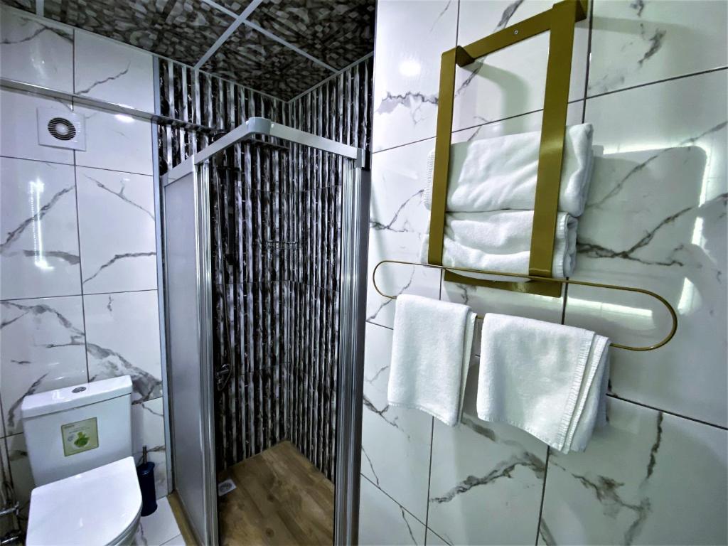 a bathroom with a toilet and towels on a wall at Private Room in Istanbul #63 in Istanbul