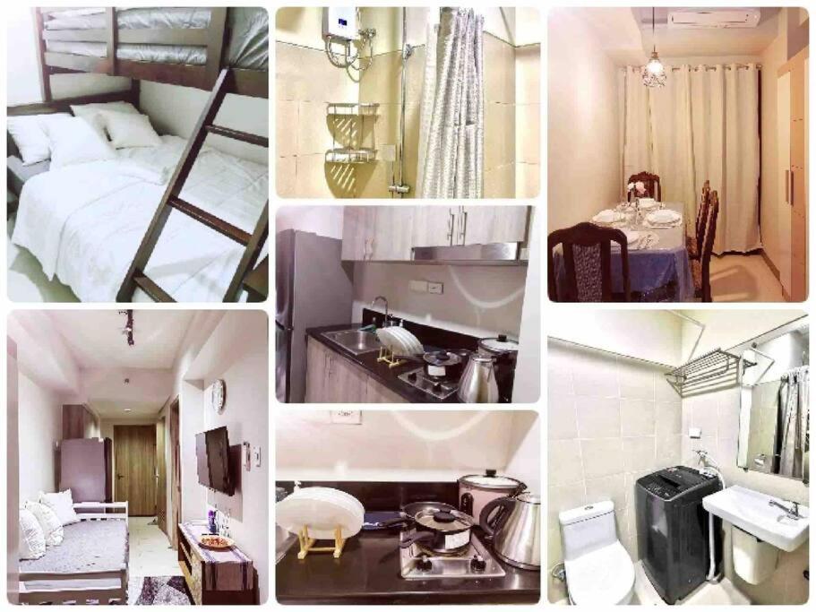 uma colagem de fotografias de um quarto e uma casa de banho em MoA S Residences Family Suite with balcony em Manila