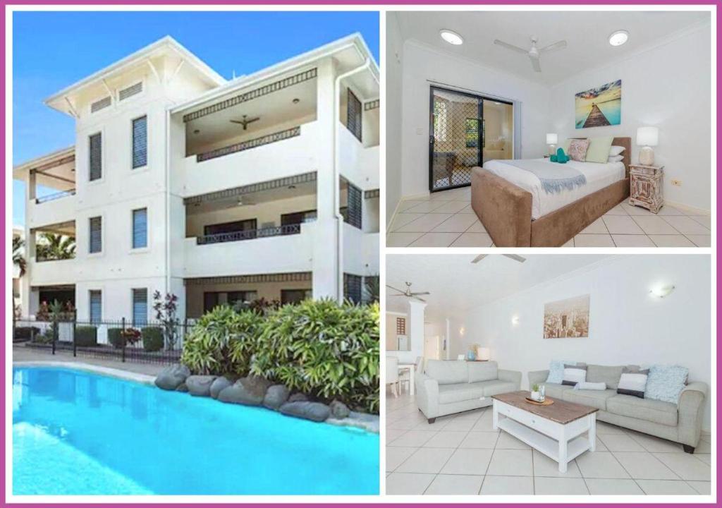 two pictures of a mansion with a bedroom and a pool at Breakwater 16 in Townsville