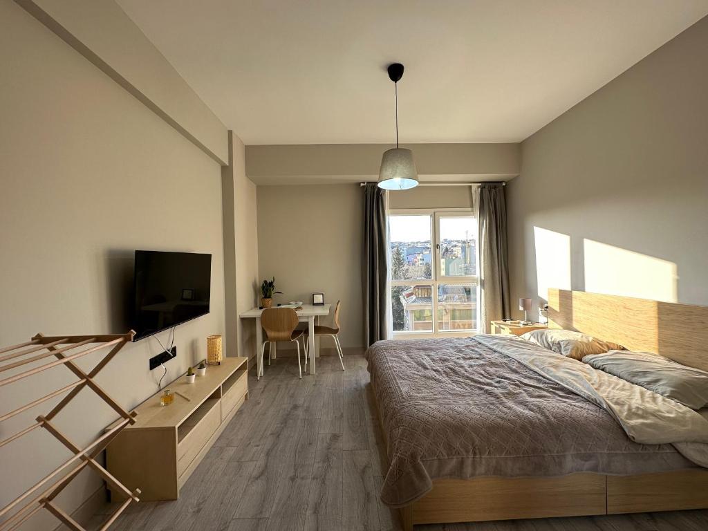 een slaapkamer met een bed en een televisie en een tafel bij Private Room in Istanbul #69 in Istanbul