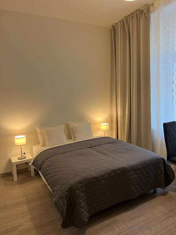 - une chambre avec un lit, deux lampes et une fenêtre dans l'établissement Maria Apartment Liben, à Prague