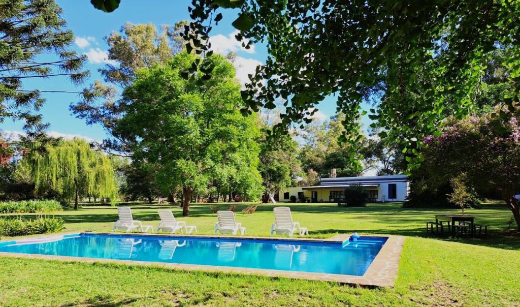 una piscina con tumbonas en un patio en La Guarida Lobos en Lobos