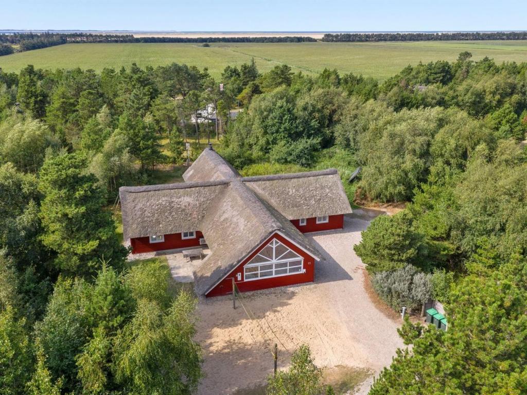 an overhead view of a house with a thatched roof at Holiday Home Jenna - 1-4km from the sea in Western Jutland in Vesterhede