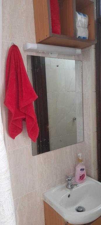 uma casa de banho com um lavatório e uma toalha vermelha em Valley view residence em Nairobi