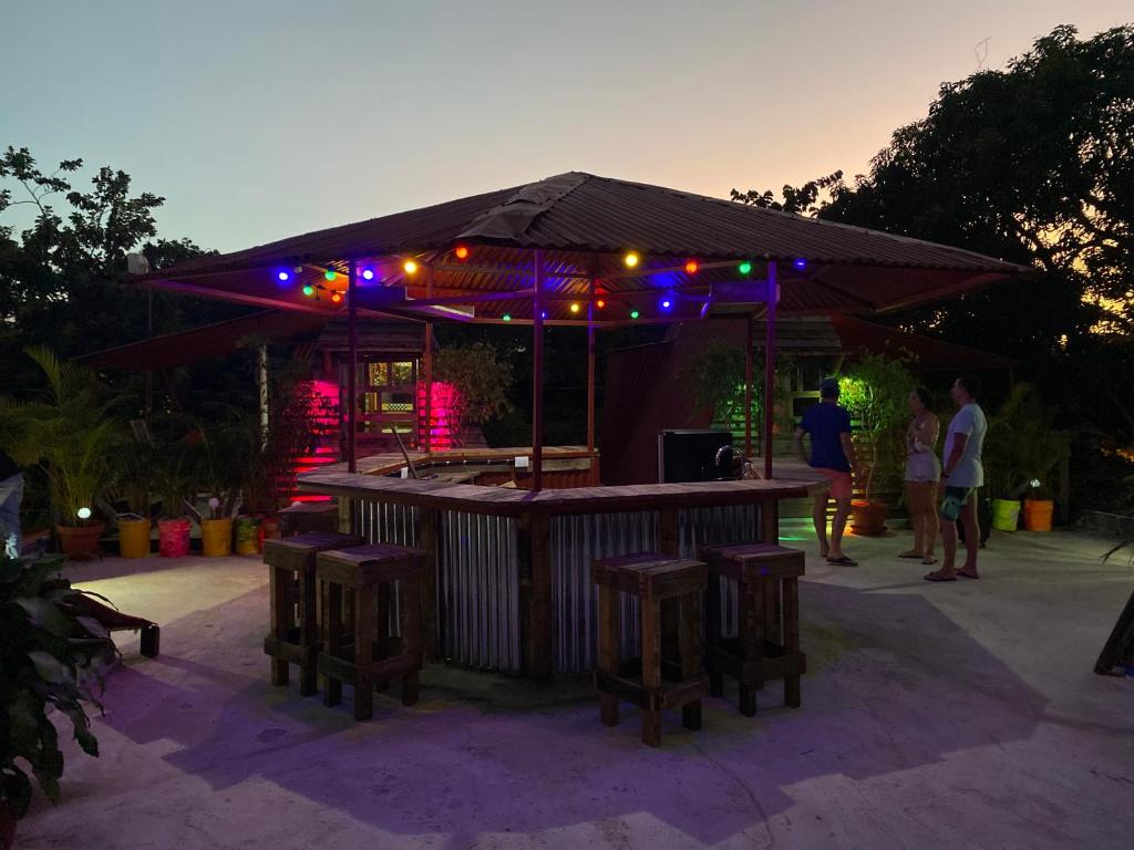 a bar with purple lights and people standing around it at Tinyhouse samaná 
