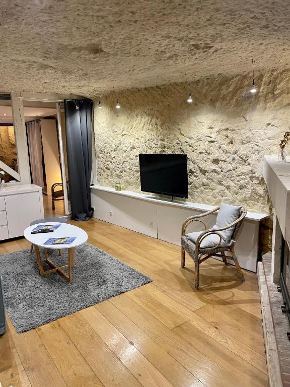 a living room with a tv on a stone wall at Troglodyte du Petit Coteau in Vouvray