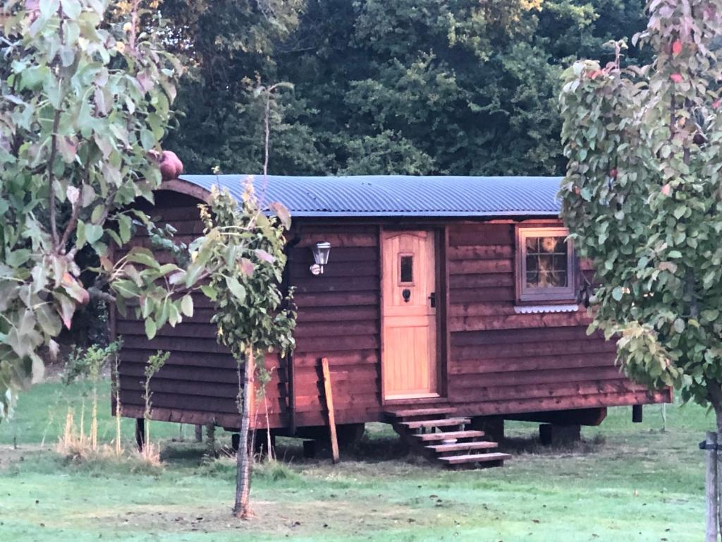 Cette cabane en rondins dispose d'une véranda et d'une porte. dans l'établissement Goodwin Farm, à Northiam