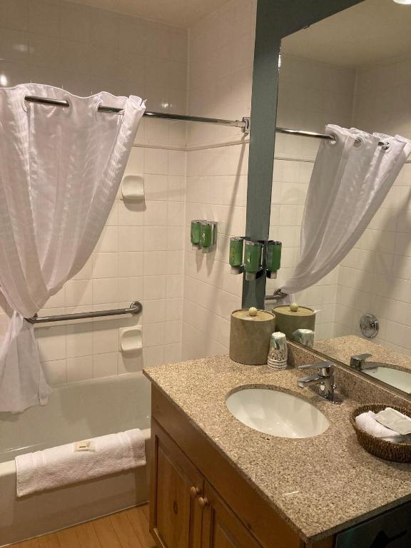 a bathroom with a sink and a tub and a mirror at Lake Louise Inn in Lake Louise