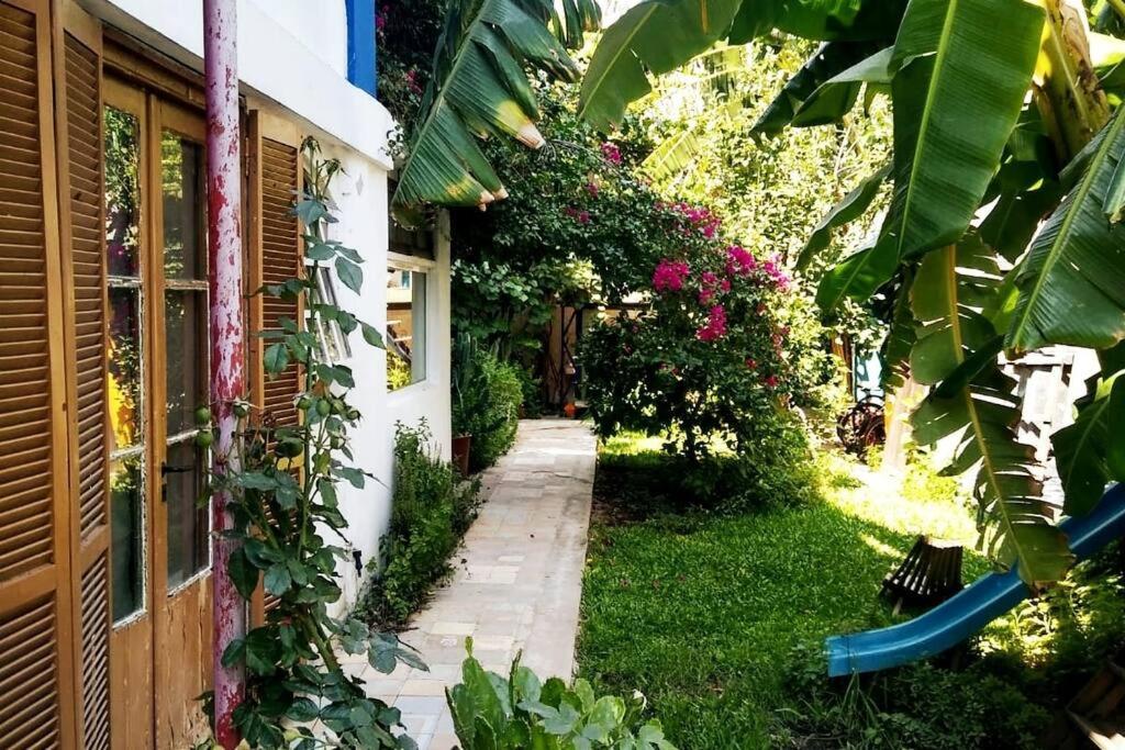 um caminho de jardim ao lado de uma casa com flores em Cozy studio with lovely garden em Tigre