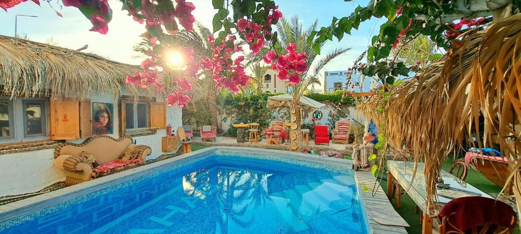 a swimming pool in front of a house at Surfers-Lounge-Dahab Lagoon with Swimming-Pool - Breakfast - Garden - Beduintent - BBQ - Jacuzzi in Dahab