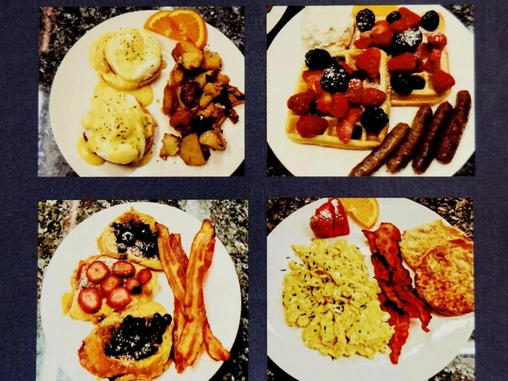 een collage van vier foto's van borden met ontbijtproducten bij Elmere House Bed & Breakfast in Wells