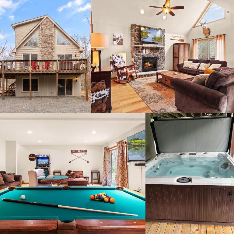 a living room with a pool table and a house at THE ONE Chalet in Albrightsville