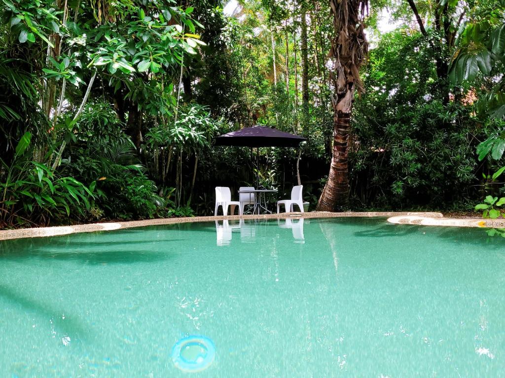 a swimming pool with two chairs and an umbrella at Travellers Paradise in Cairns