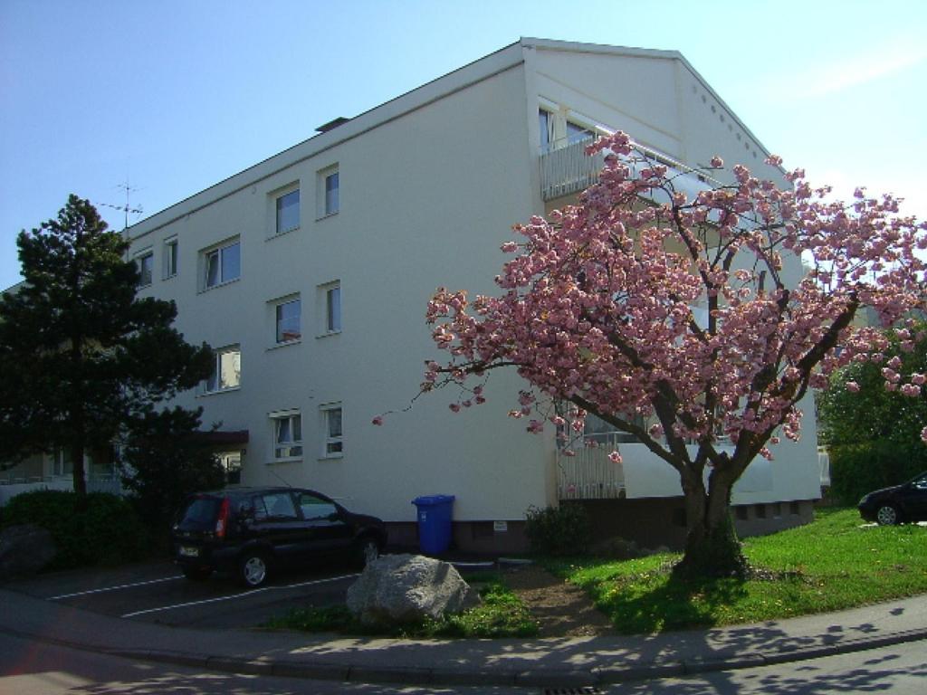 ein Gebäude mit einem blühenden Baum vor einem Gebäude in der Unterkunft Ferienwohnung Schliestädt-Görge in Lindau