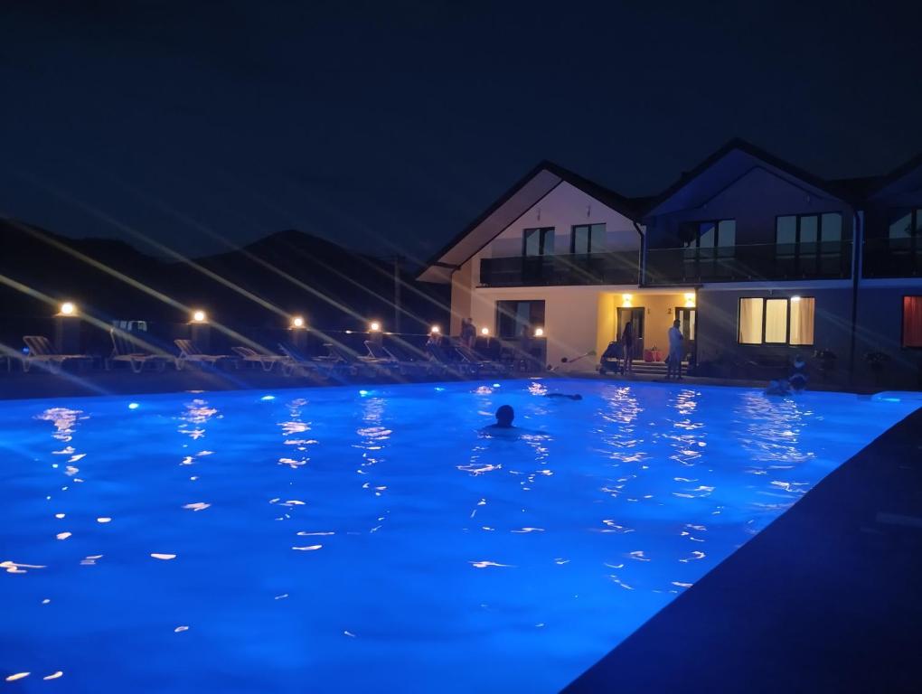 a person swimming in a swimming pool at night at Guest House Zatyshnyi Dvir in Bukovel