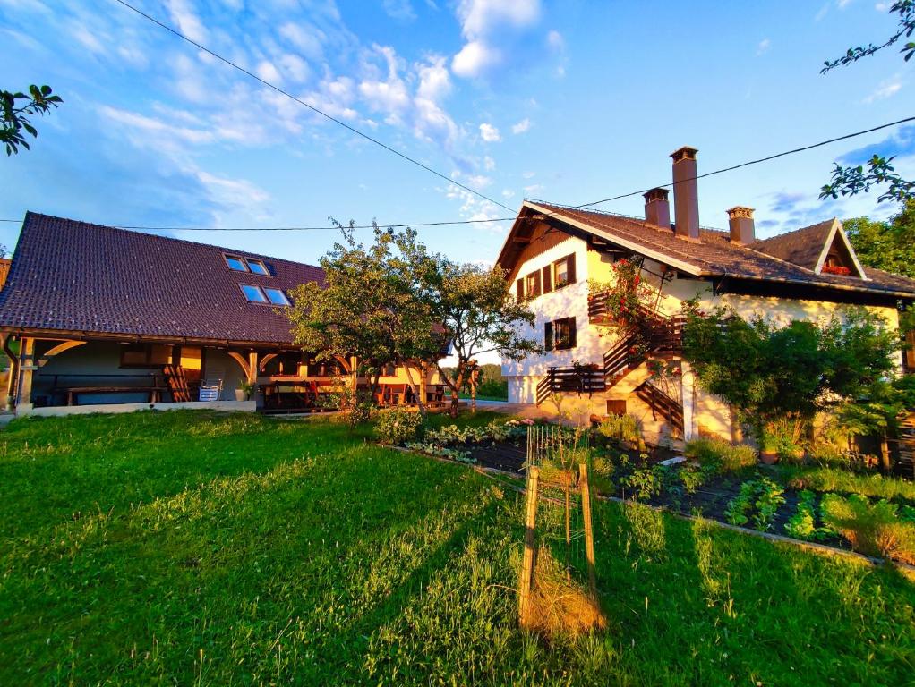 une grande maison avec une pelouse verte en face de celle-ci dans l'établissement Tourist Farm Strle With Great Local Food, à Cerknica