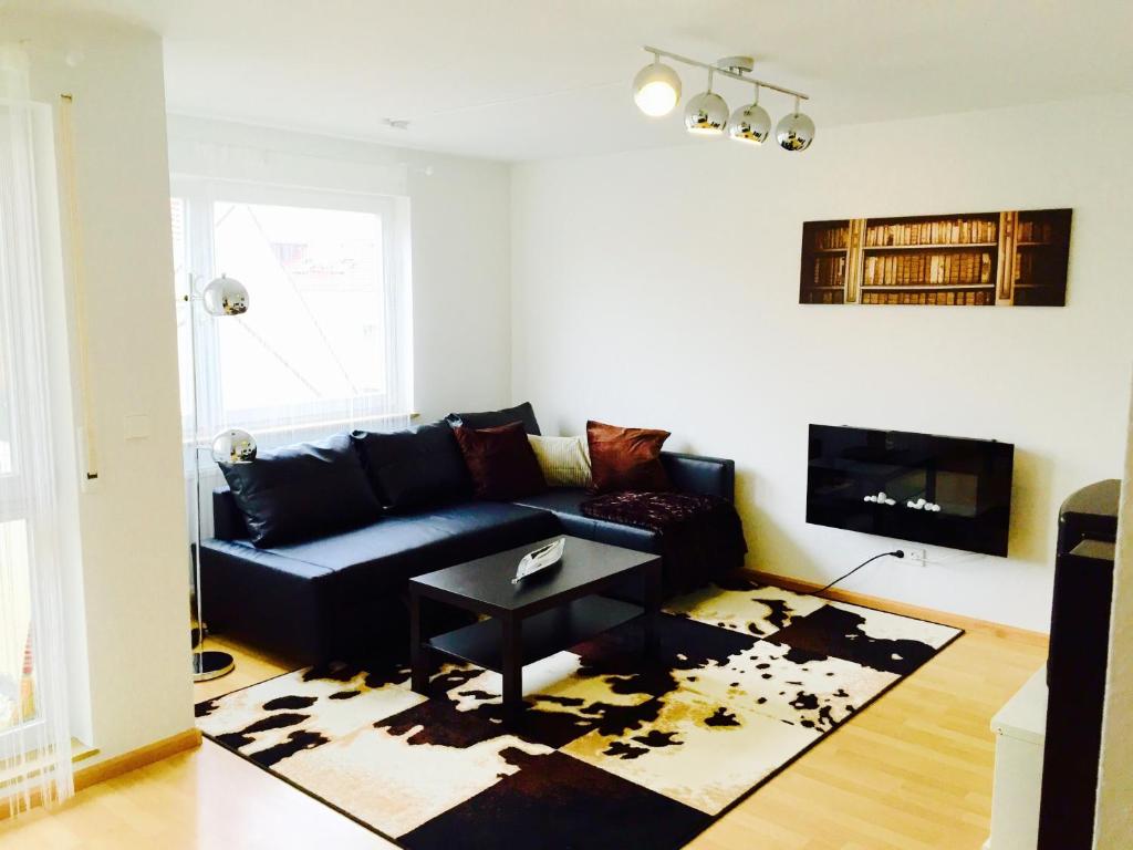 a living room with a black couch and a rug at Traumwohnung Stuttgart in Stuttgart