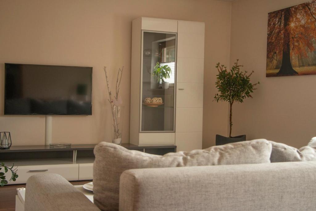 sala de estar con sofá y TV de pantalla plana en Ferienwohnung der Familie Rauch, en Mühlhausen