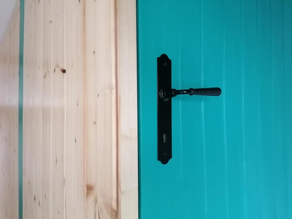 ein schwarzer Türgriff an einer blauen Tür in der Unterkunft Josefín in Němčičky