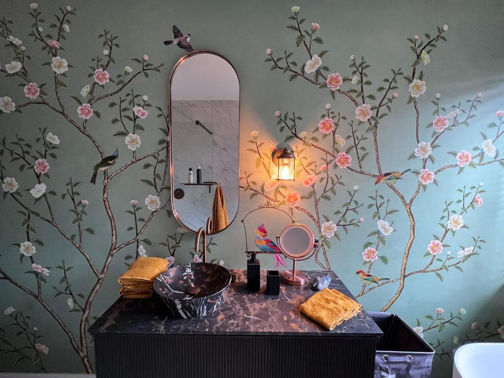 a bathroom with a vanity with a sink and a mirror at Red cross street in Lommel