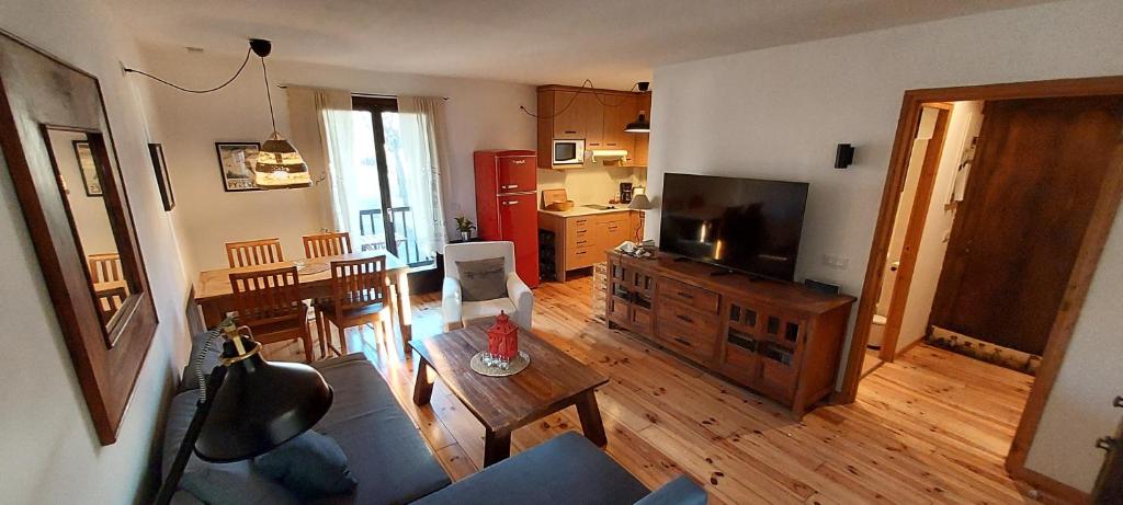 un salon avec un canapé et une télévision dans l'établissement Charming holiday apartment in the Pyrenees, à Err