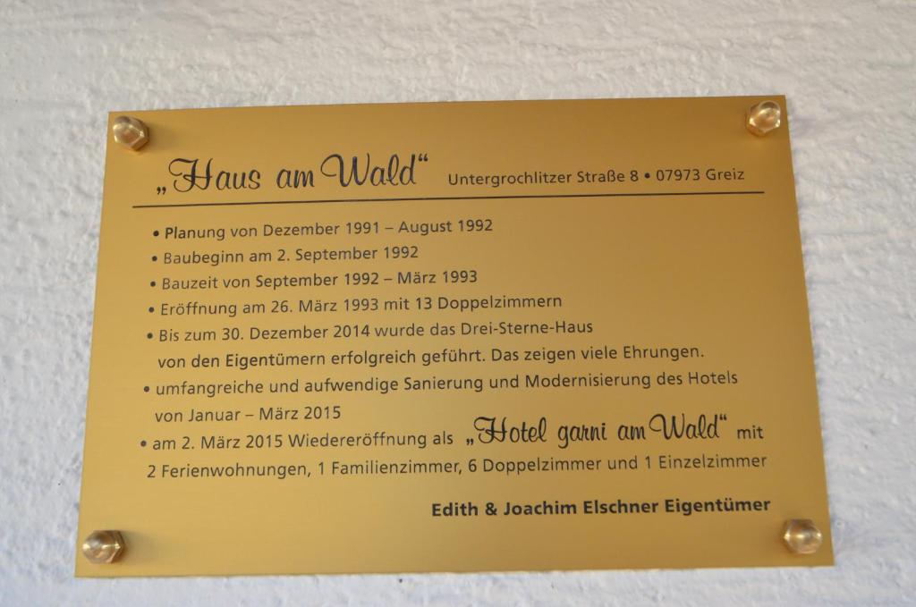 Certifikát, hodnocení, plakát nebo jiný dokument vystavený v ubytování Land-Hotel Am Wald Garni
