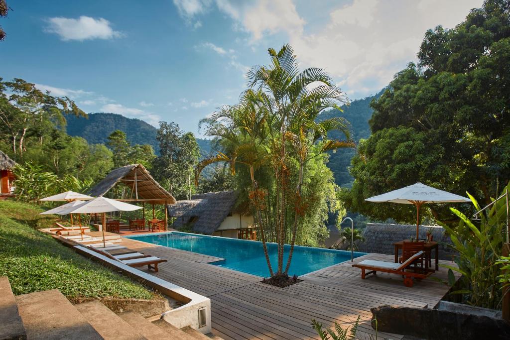 uma piscina com guarda-sóis e um resort em Pumarinri Amazon Lodge em Tarapoto