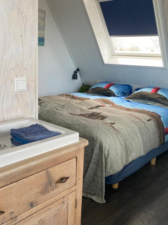 a bedroom with two beds with a sink and a window at B&B Zonnedael in Oosterend