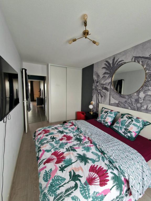 een slaapkamer met een groot bed en een spiegel bij Chambre privée T3 Saint Fons in Saint-Fons