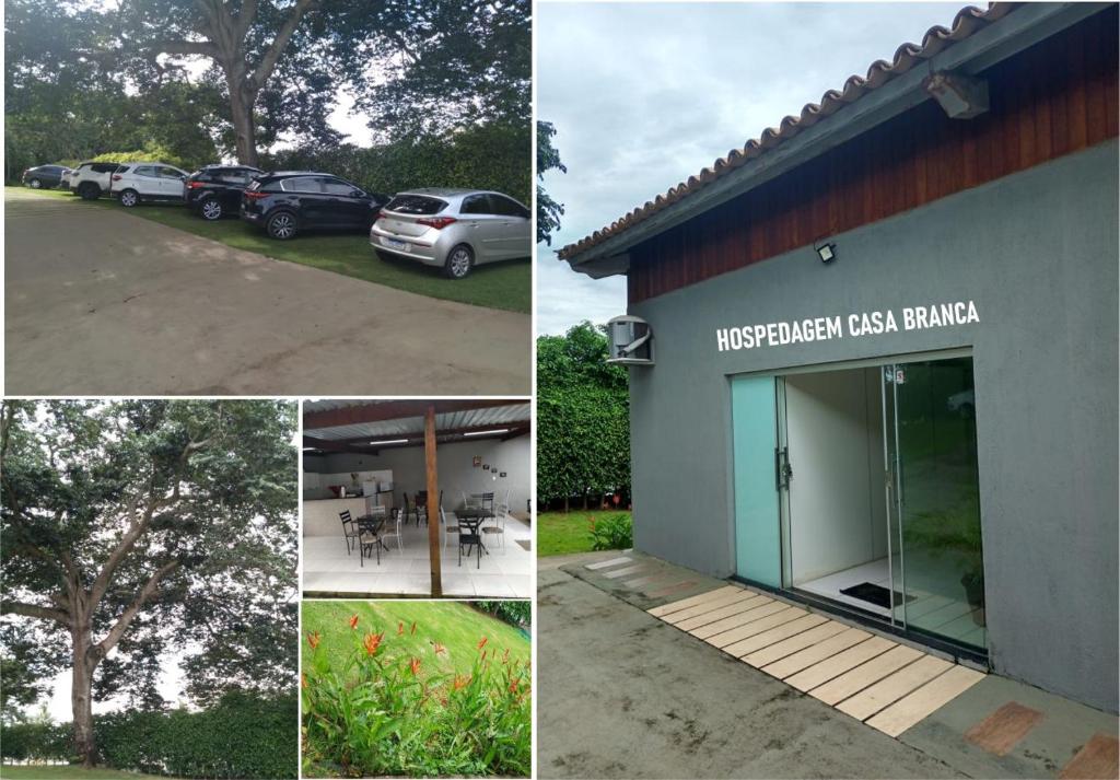 un collage de fotos de un edificio con coches aparcados fuera en Hospedagem Casa Branca Localizada em um bairro nobre de Capitólio, Escarpas do Lago, en Capitólio