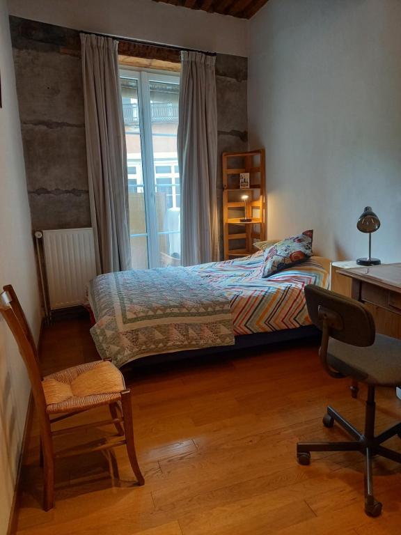 een slaapkamer met een bed, een bureau en een stoel bij Chambre chez l'habitant, room for rent in Grenoble
