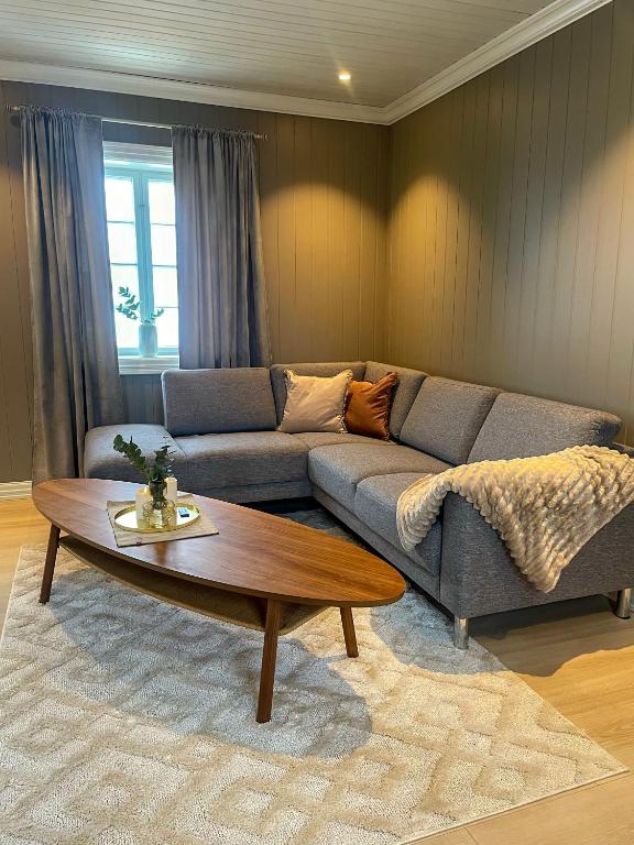 ein Wohnzimmer mit einem Sofa und einem Couchtisch in der Unterkunft Villa Gulstua in Røros