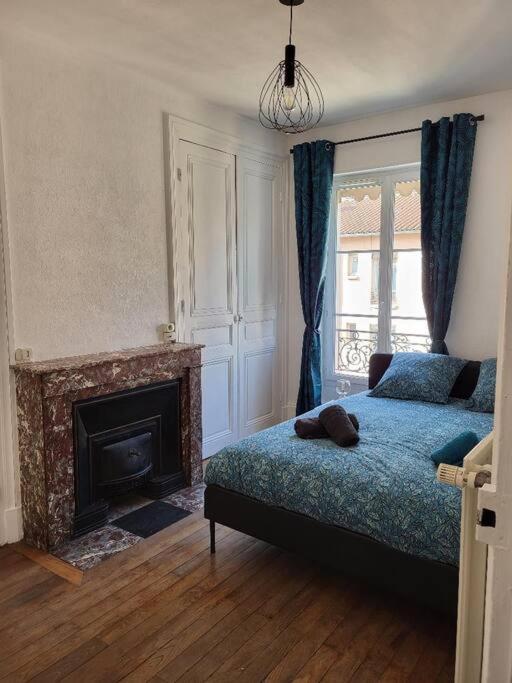 a bedroom with a bed and a fireplace at Porte du Vieux Lyon 2, le long du quai in Lyon