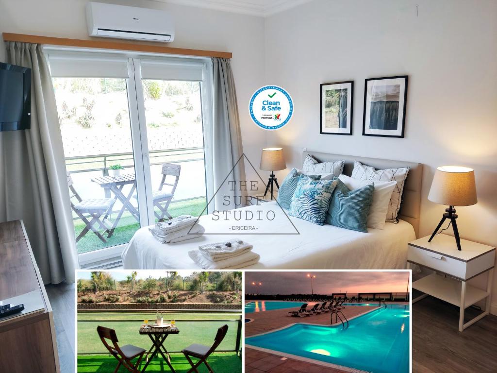 a bedroom with a bed and a balcony with a table at The Surf Studio - Ericeira in Ericeira