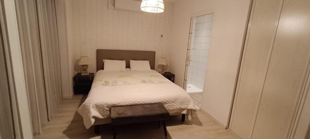 1 dormitorio con 1 cama grande en una habitación en 1 chambre - lit double - Avec salle de bain, en Mervans