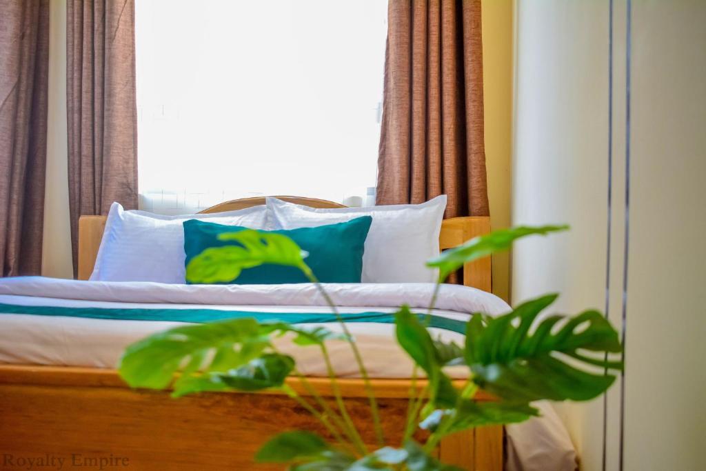 a bed with blue and white pillows and a plant at Vee’s Rustic Studio, Nakuru Town. in Nakuru