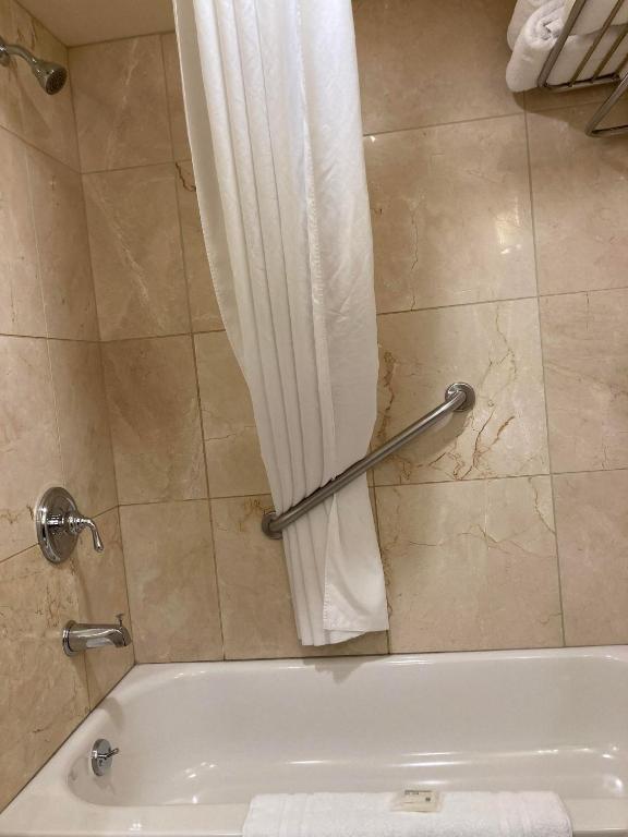 a bathroom with a tub and a shower curtain at Lake Louise Inn in Lake Louise