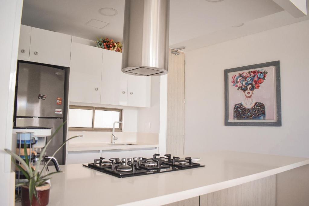 a kitchen with a stove top oven next to a counter at Adela Suite in Santa Marta